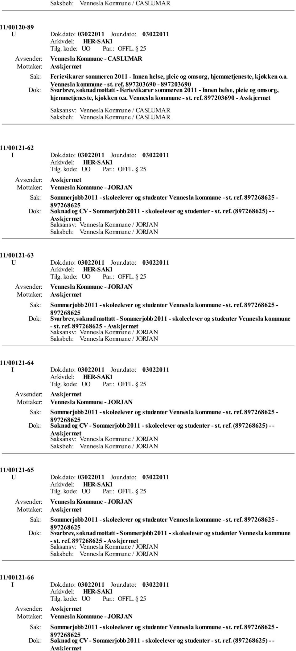 897203690 - Saksansv: Vennesla Kommune / CASLUMAR Saksbeh: Vennesla Kommune / CASLUMAR 11/00121-62 I Dok.dato: Jour.