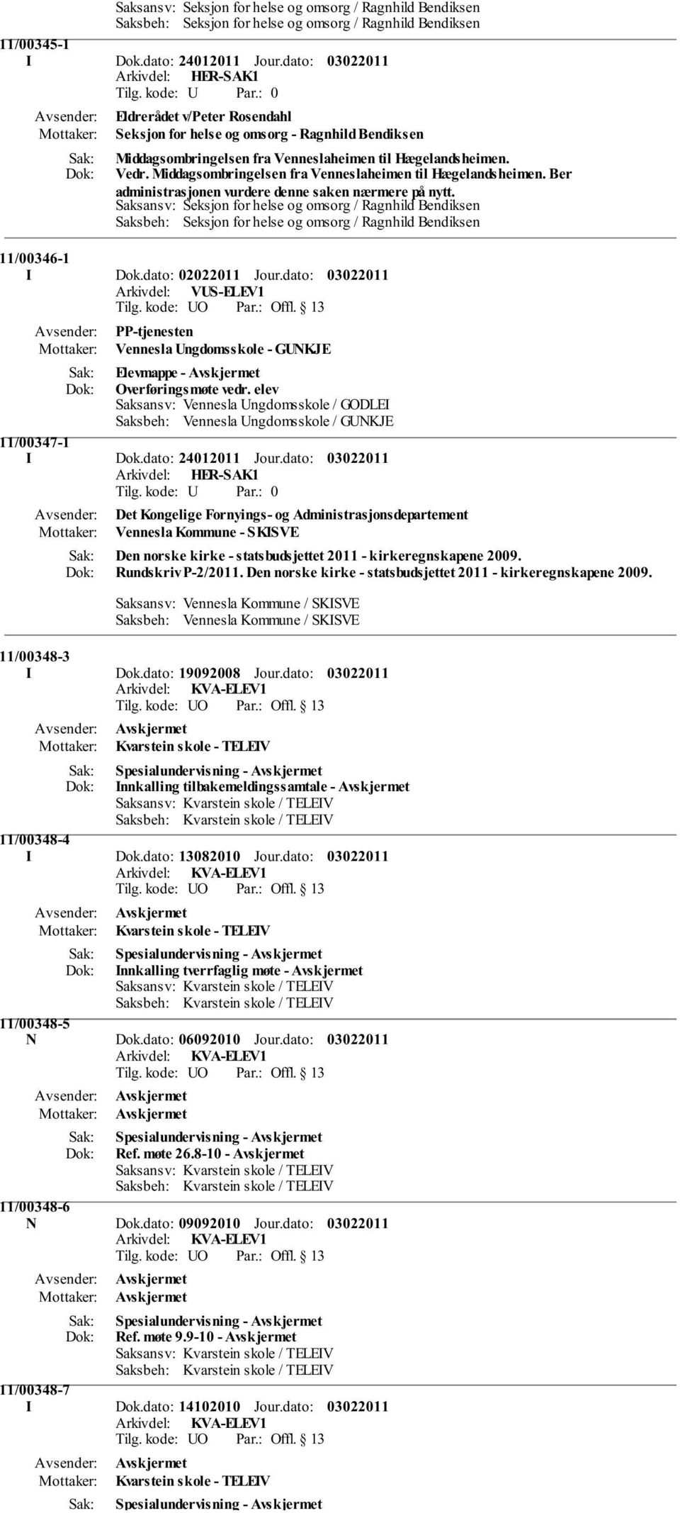 Middagsombringelsen fra Venneslaheimen til Hægelandsheimen. Ber administrasjonen vurdere denne saken nærmere på nytt.