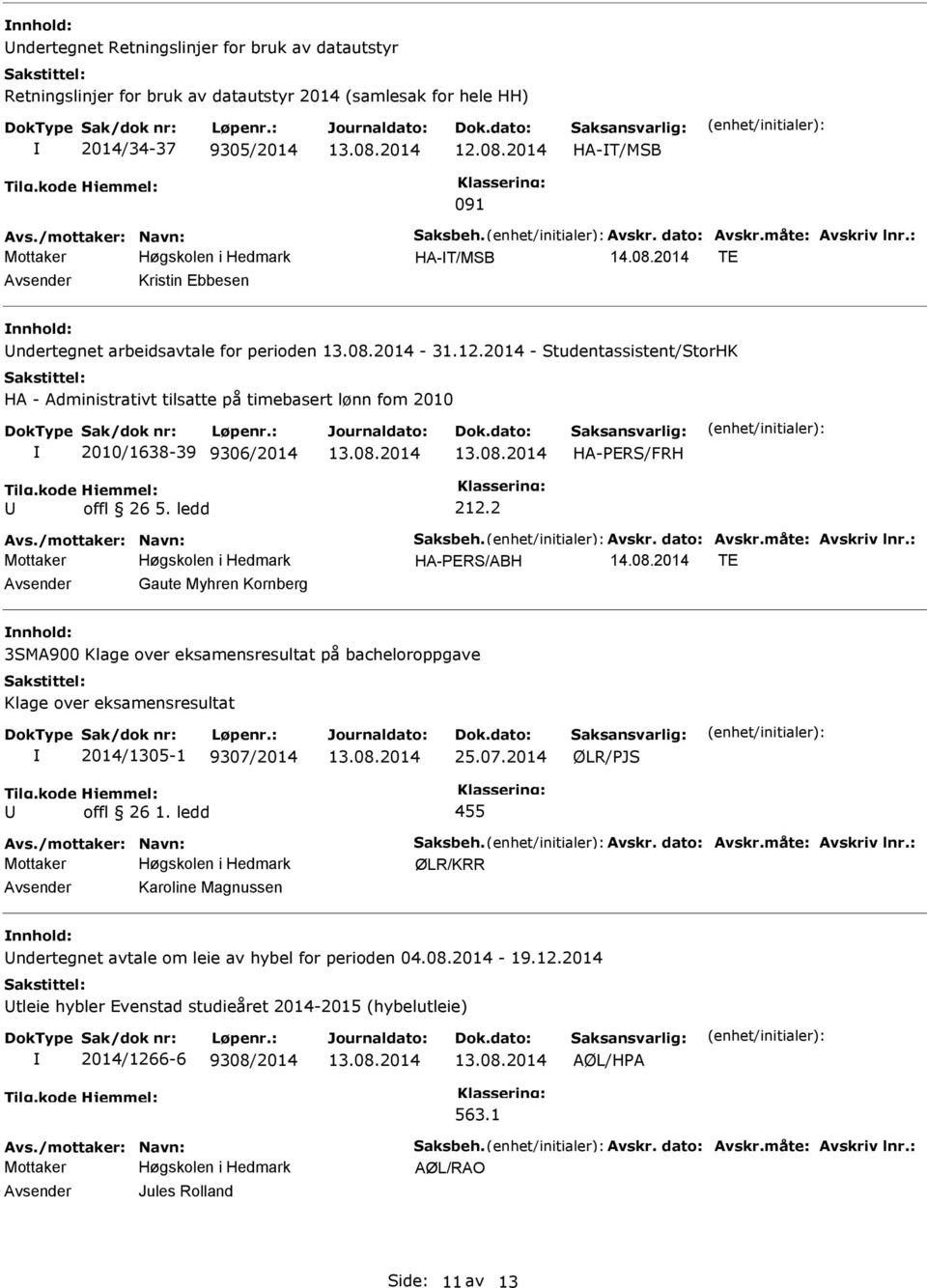 2014 - tudentassistent/torhk HA - Administrativt tilsatte på timebasert lønn fom 2010 2010/1638-39 9306/2014 HA-ER/FRH offl 26 5. ledd 212.2 HA-ER/ABH 14.08.