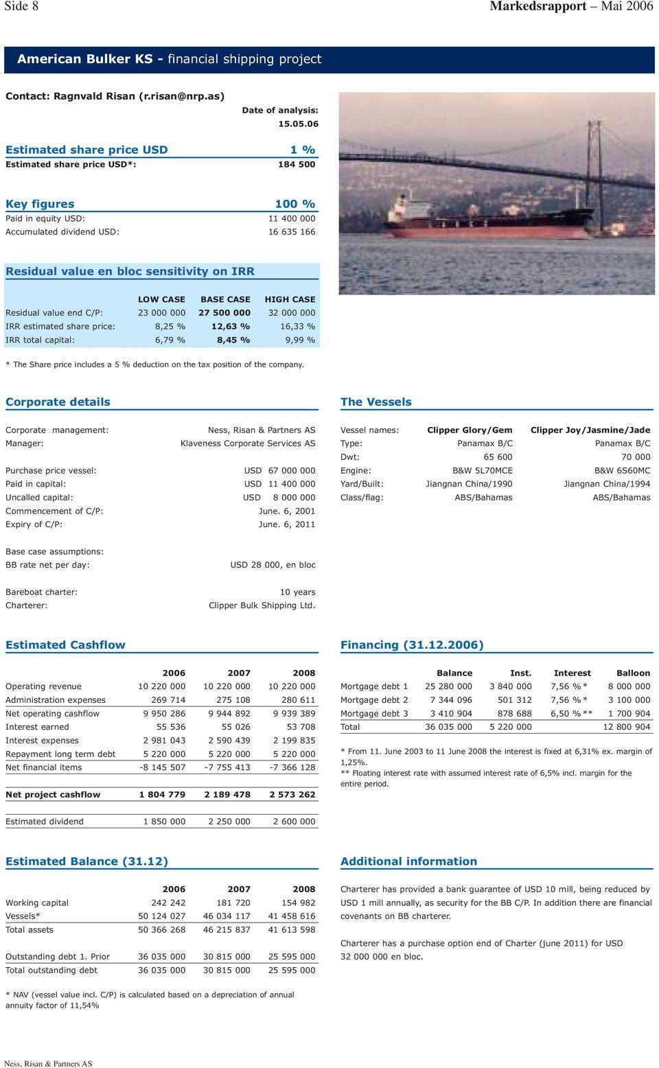 sensitivity on IRR LOW CASE BASE CASE HIGH CASE Residual value end C/P: 23 000 000 27 500 000 32 000 000 IRR estimated share price: 8,25 % 12,63 % 16,33 % IRR total capital: 6,79 % 8,45 % 9,99 % *