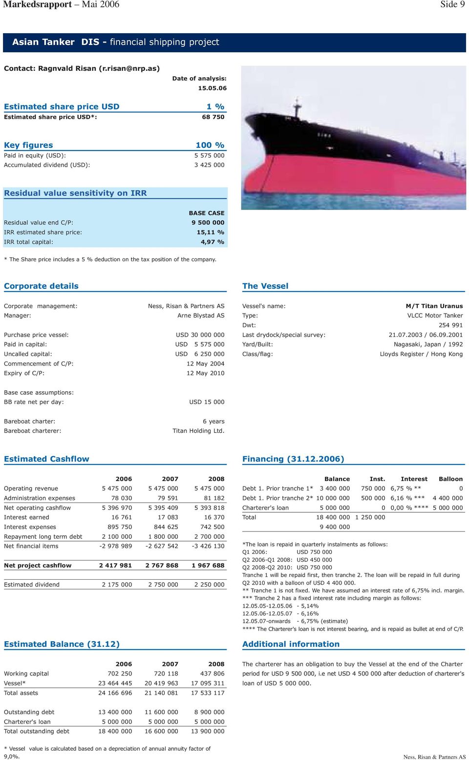 sensitivity on IRR BASE CASE Residual value end C/P: 9 500 000 IRR estimated share price: 15,11 % IRR total capital: 4,97 % * The Share price includes a 5 % deduction on the tax position of the