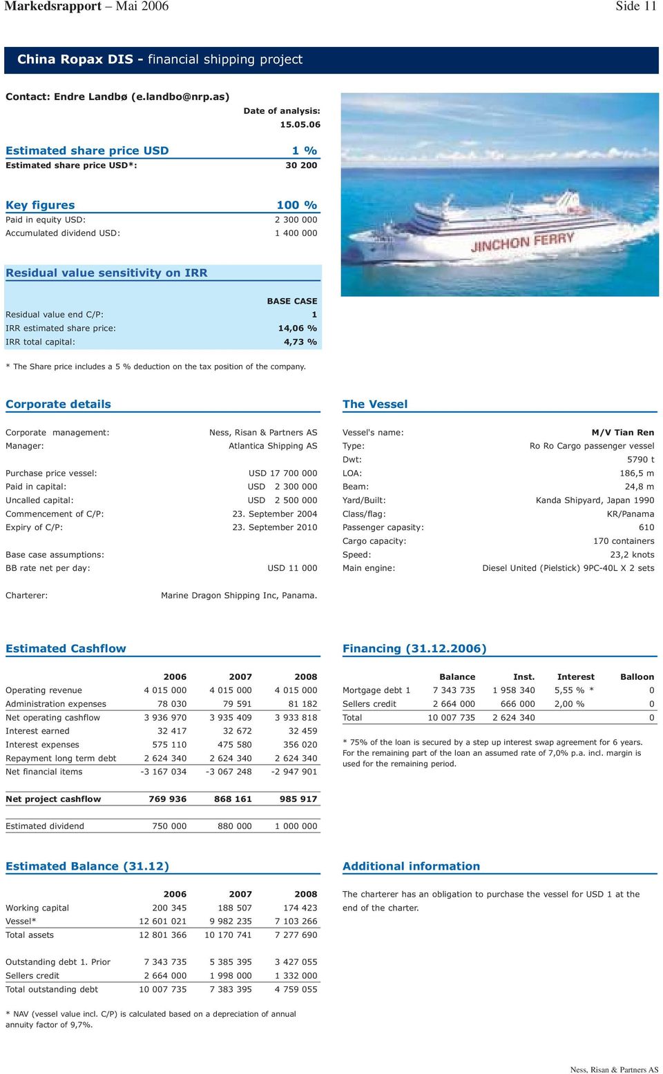 on IRR BASE CASE Residual value end C/P: 1 IRR estimated share price: 14,06 % IRR total capital: 4,73 % * The Share price includes a 5 % deduction on the tax position of the company.