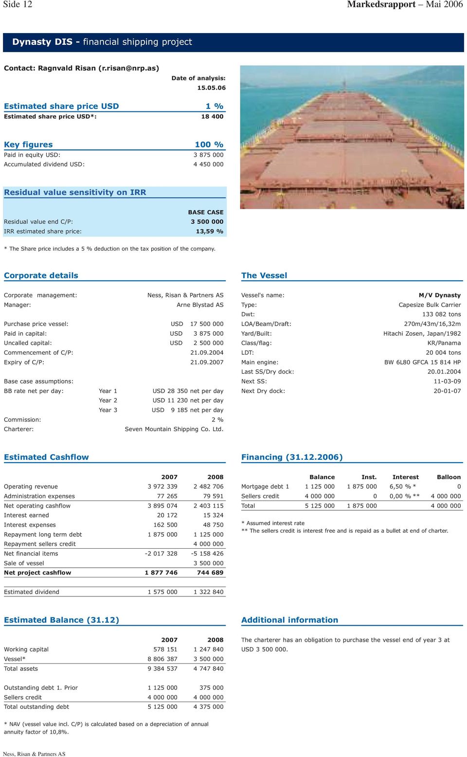 on IRR BASE CASE Residual value end C/P: 3 500 000 IRR estimated share price: 13,59 % * The Share price includes a 5 % deduction on the tax position of the company.