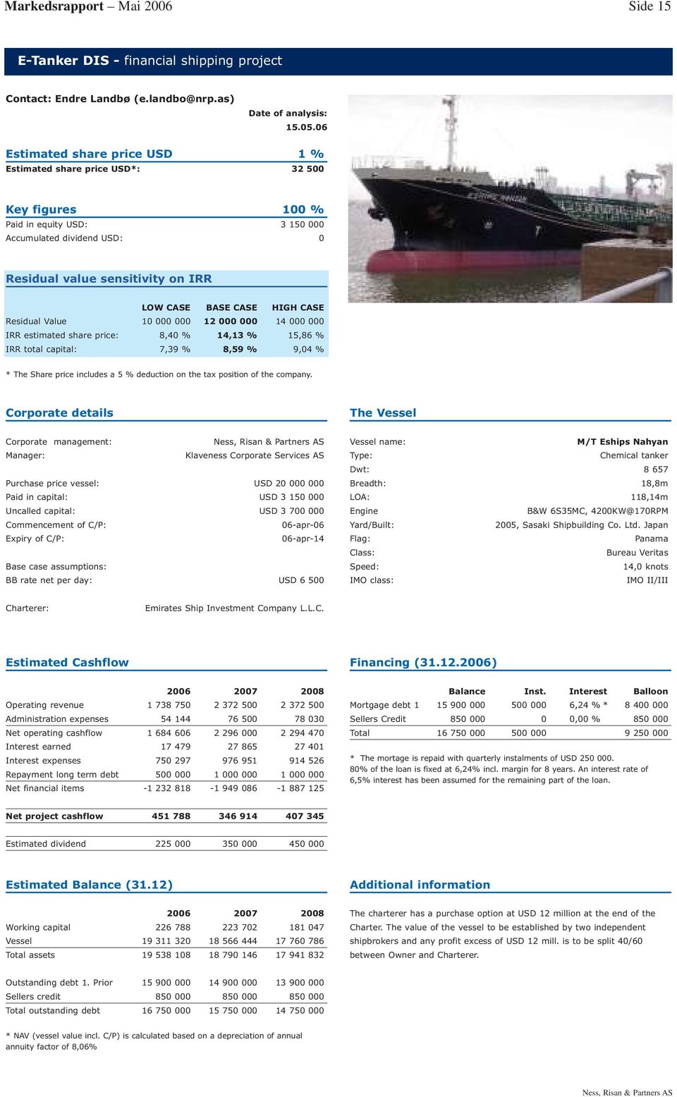 LOW CASE BASE CASE HIGH CASE Residual Value 10 000 000 12 000 000 14 000 000 IRR estimated share price: 8,40 % 14,13 % 15,86 % IRR total capital: 7,39 % 8,59 % 9,04 % * The Share price includes a 5 %