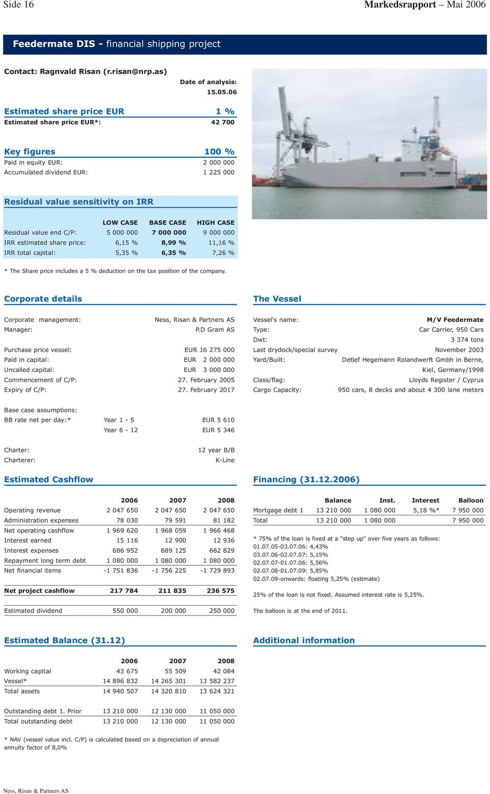 on IRR LOW CASE BASE CASE HIGH CASE Residual value end C/P: 5 000 000 7 000 000 9 000 000 IRR estimated share price: 6,15 % 8,99 % 11,16 % IRR total capital: 5,35 % 6,35 % 7,26 % * The Share price