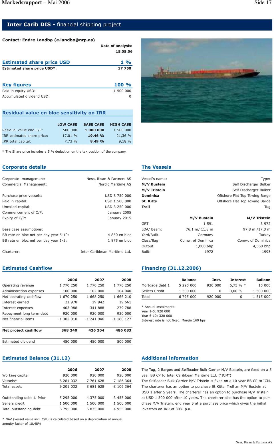 on IRR LOW CASE BASE CASE HIGH CASE Residual value end C/P: 500 000 1 000 000 1 500 000 IRR estimated share price: 17,01 % 19,46 % 21,36 % IRR total capital: 7,73 % 8,49 % 9,18 % * The Share price