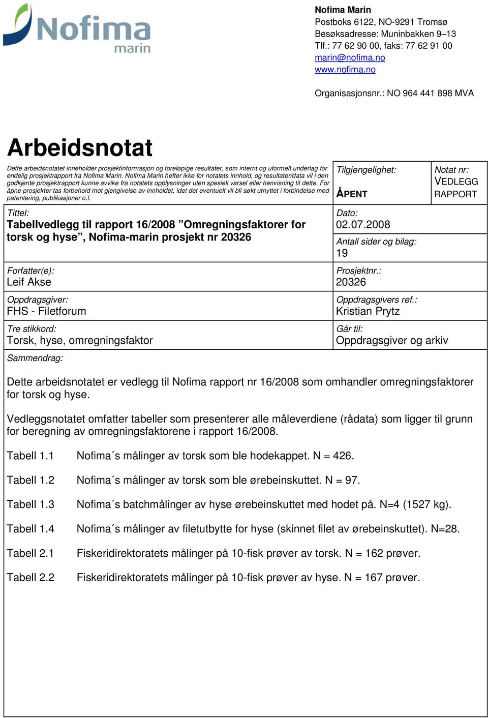 Nofima Marin hefter ikke for notatets innhold, og resultater/data vil i den godkjente prosjektrapport kunne avvike fra notatets opplysninger uten spesiell varsel eller henvisning til dette.