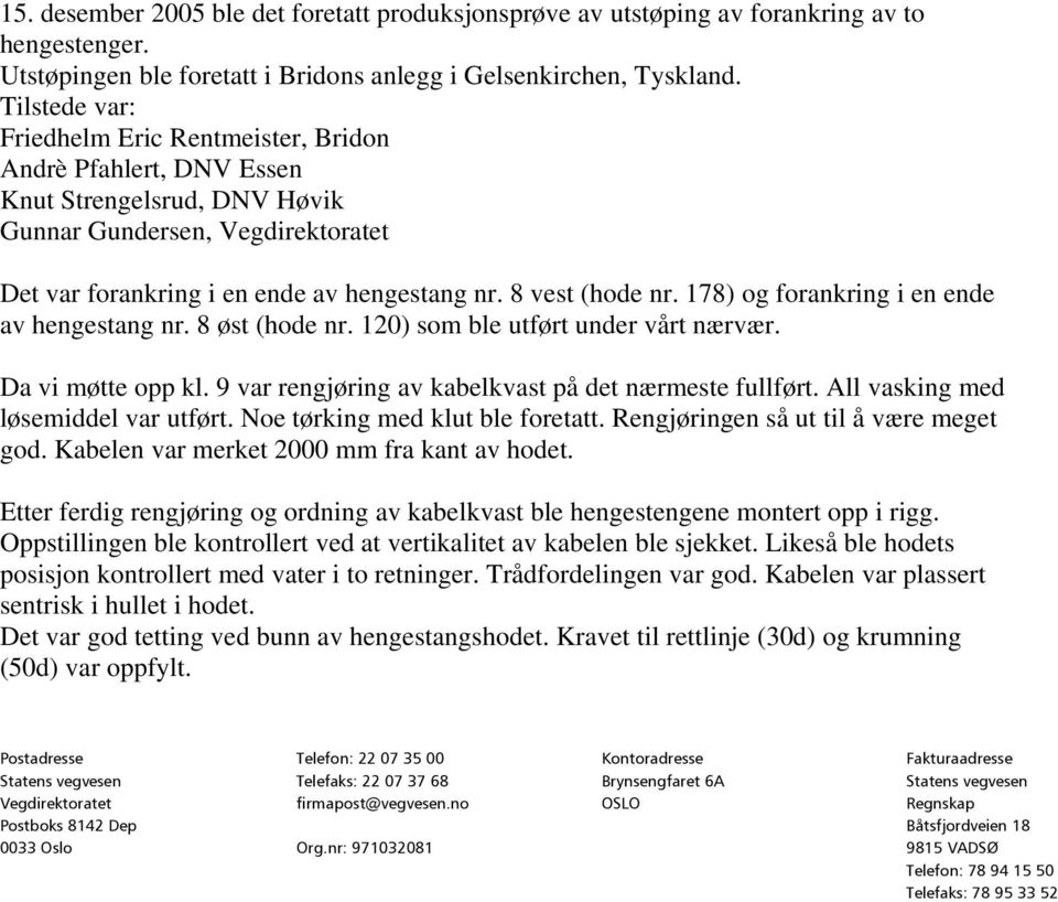 8 vest (hode nr. 178) og forankring i en ende av hengestang nr. 8 øst (hode nr. 120) som ble utført under vårt nærvær. Da vi møtte opp kl. 9 var rengjøring av kabelkvast på det nærmeste fullført.