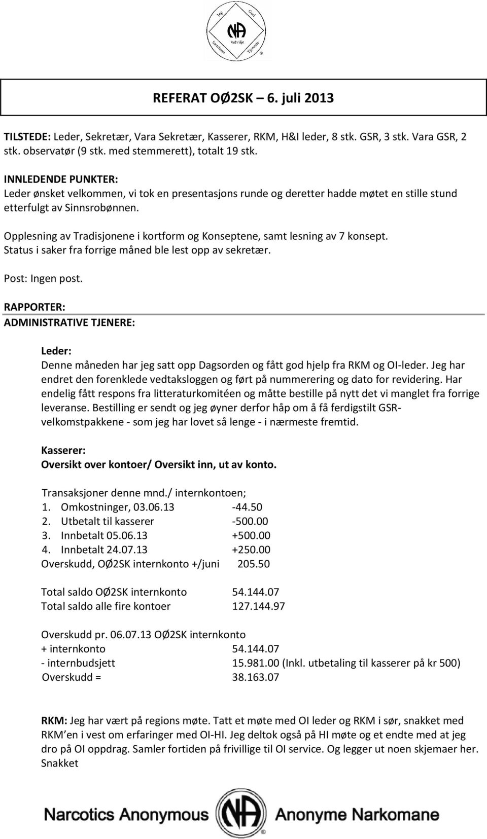 Opplesning av Tradisjonene i kortform og Konseptene, samt lesning av 7 konsept. Status i saker fra forrige måned ble lest opp av sekretær. Post: Ingen post.