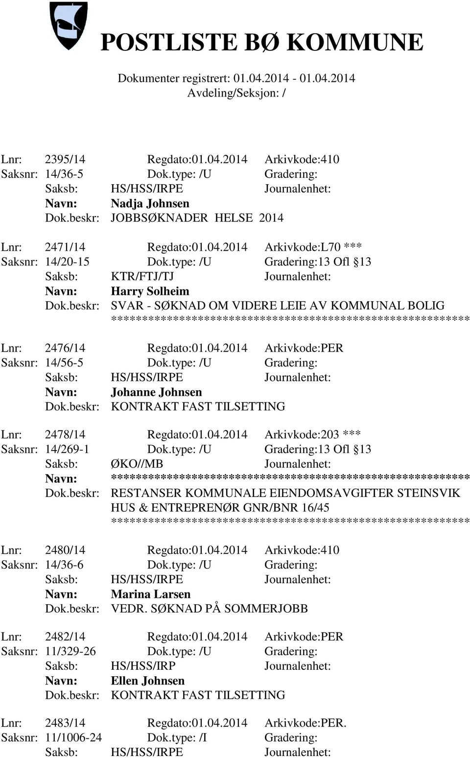 type: /U Gradering: Johanne Johnsen Dok.beskr: KONTRAKT FAST TILSETTING Lnr: 2478/14 Regdato:01.04.2014 Arkivkode:203 *** Saksnr: 14/269-1 Dok.