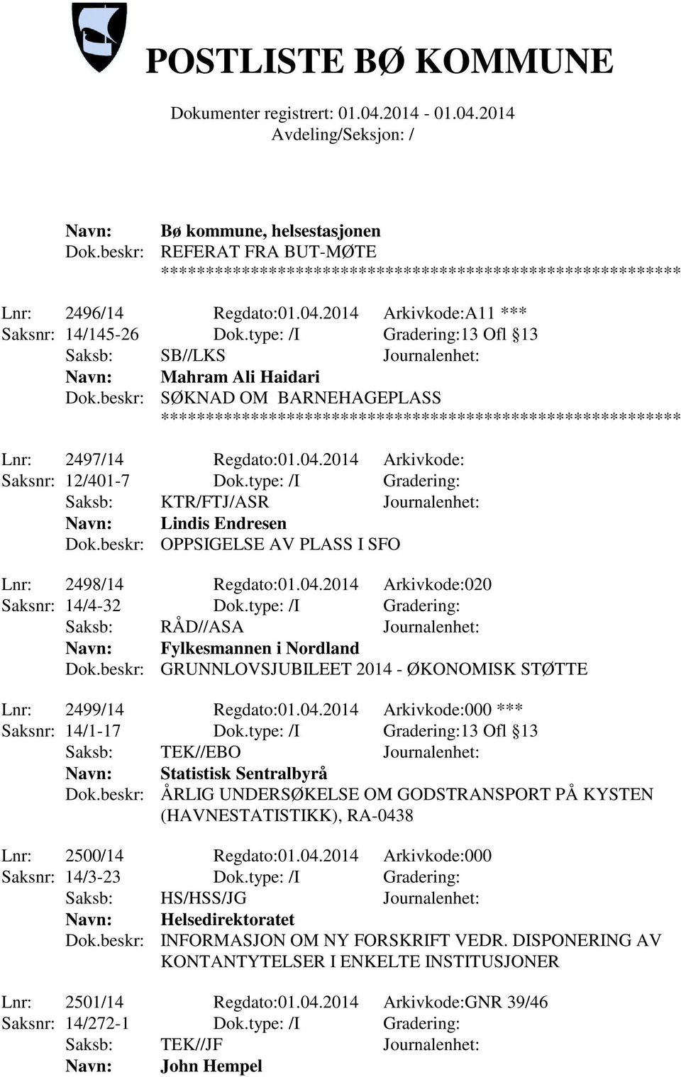 type: /I Gradering: Saksb: KTR/FTJ/ASR Journalenhet: Lindis Endresen Dok.beskr: OPPSIGELSE AV PLASS I SFO Lnr: 2498/14 Regdato:01.04.2014 Arkivkode:020 Saksnr: 14/4-32 Dok.