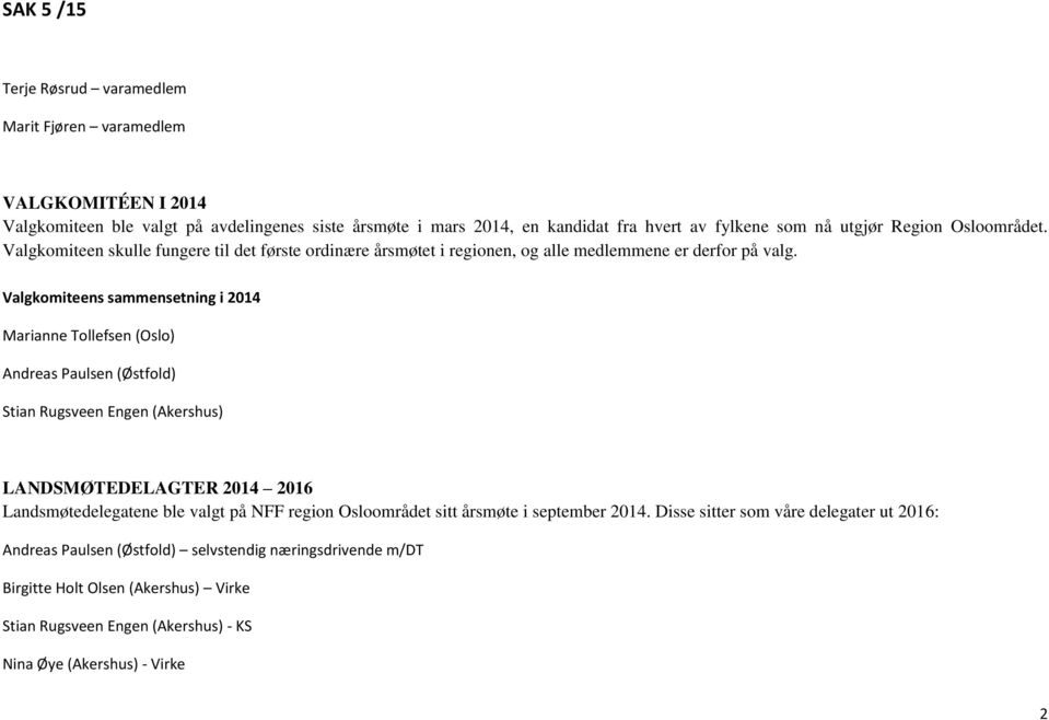 Valgkomiteens sammensetning i 2014 Marianne Tollefsen (Oslo) Andreas Paulsen (Østfold) Stian Rugsveen Engen (Akershus) LANDSMØTEDELAGTER 2014 2016 Landsmøtedelegatene ble valgt på NFF