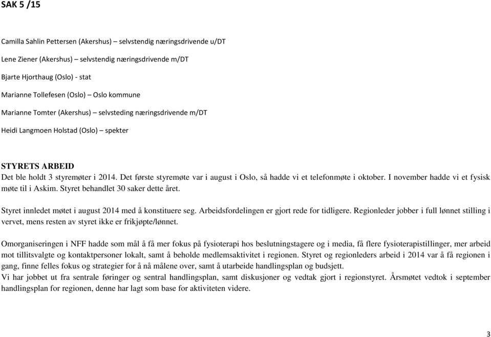 Det første styremøte var i august i Oslo, så hadde vi et telefonmøte i oktober. I november hadde vi et fysisk møte til i Askim. Styret behandlet 30 saker dette året.