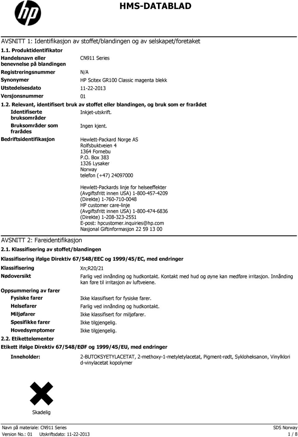 1. Produktidentifikator Handelsnavn eller benevnelse på blandingen Registreringsnummer Synonymer CN911 Series N/A Utstedelsesdato 1122