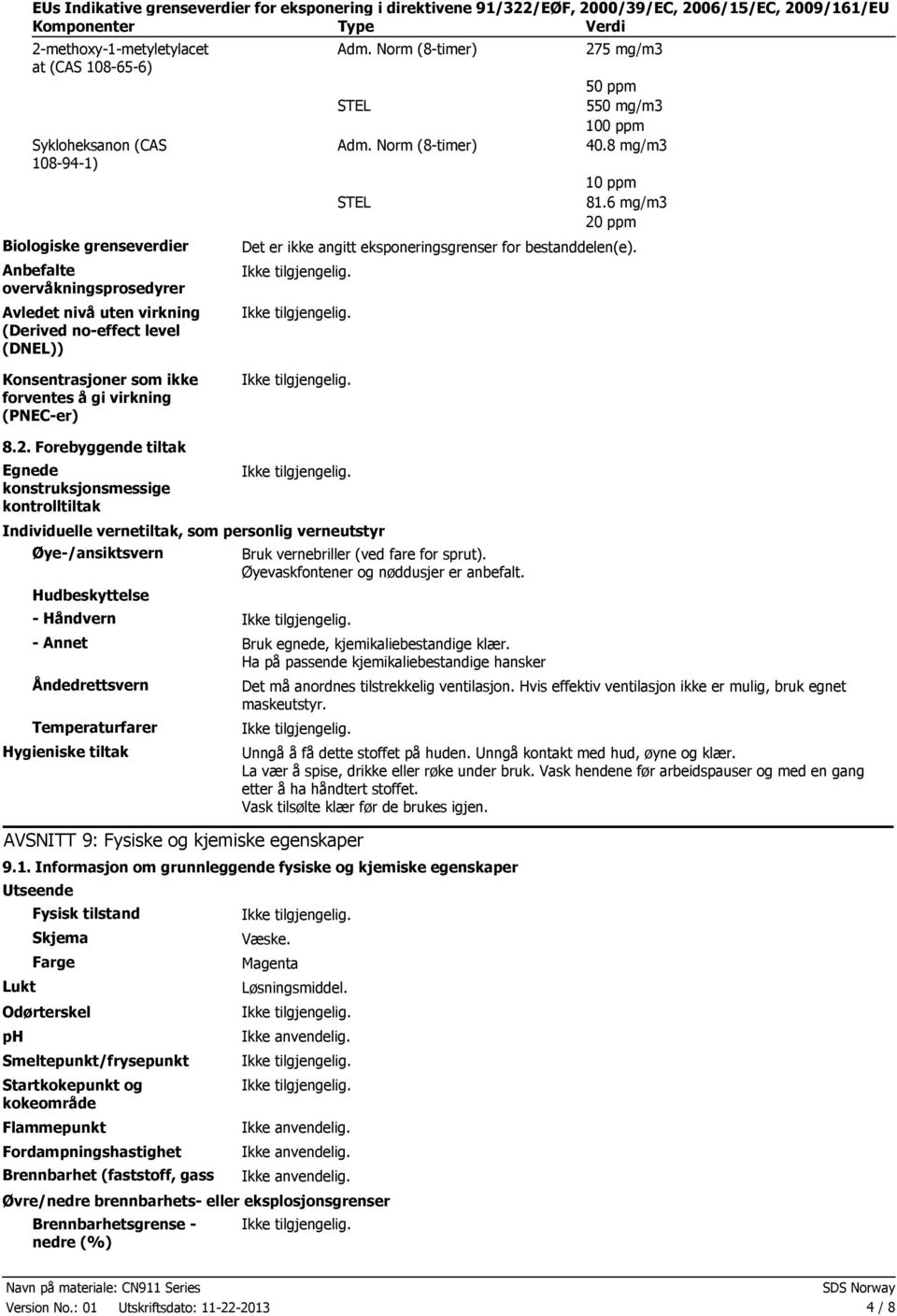 Norm (8timer) STEL 275 mg/m3 50 ppm 550 mg/m3 100 ppm 40.8 mg/m3 10 ppm 81.6 mg/m3 20 ppm Det er ikke angitt eksponeringsgrenser for bestanddelen(e).