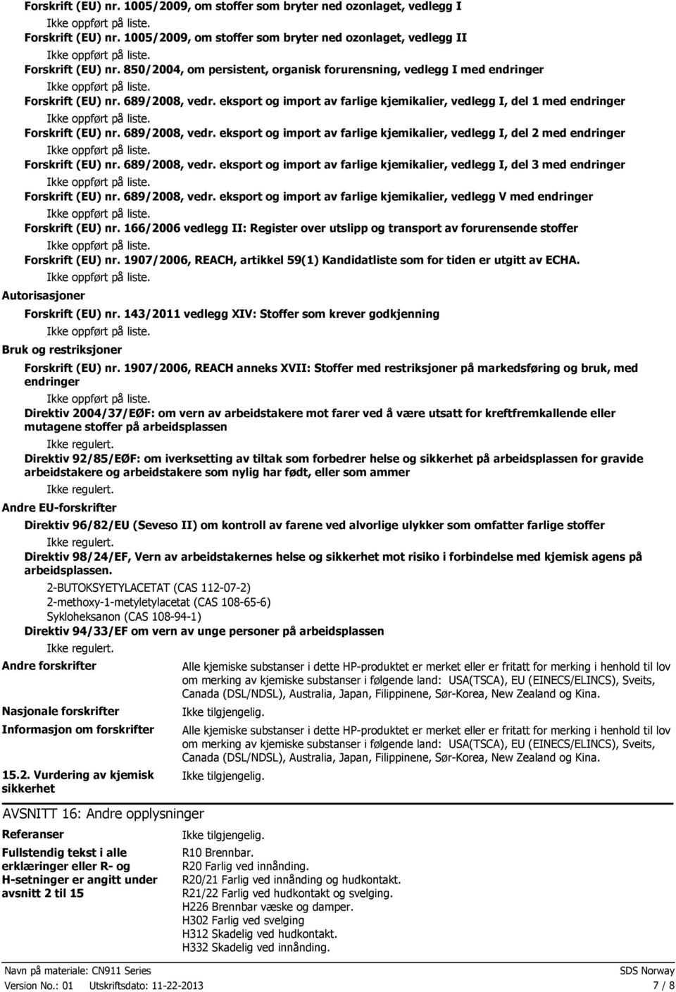 689/2008, vedr. eksport og import av farlige kjemikalier, vedlegg I, del 2 med endringer Forskrift (EU) nr. 689/2008, vedr.