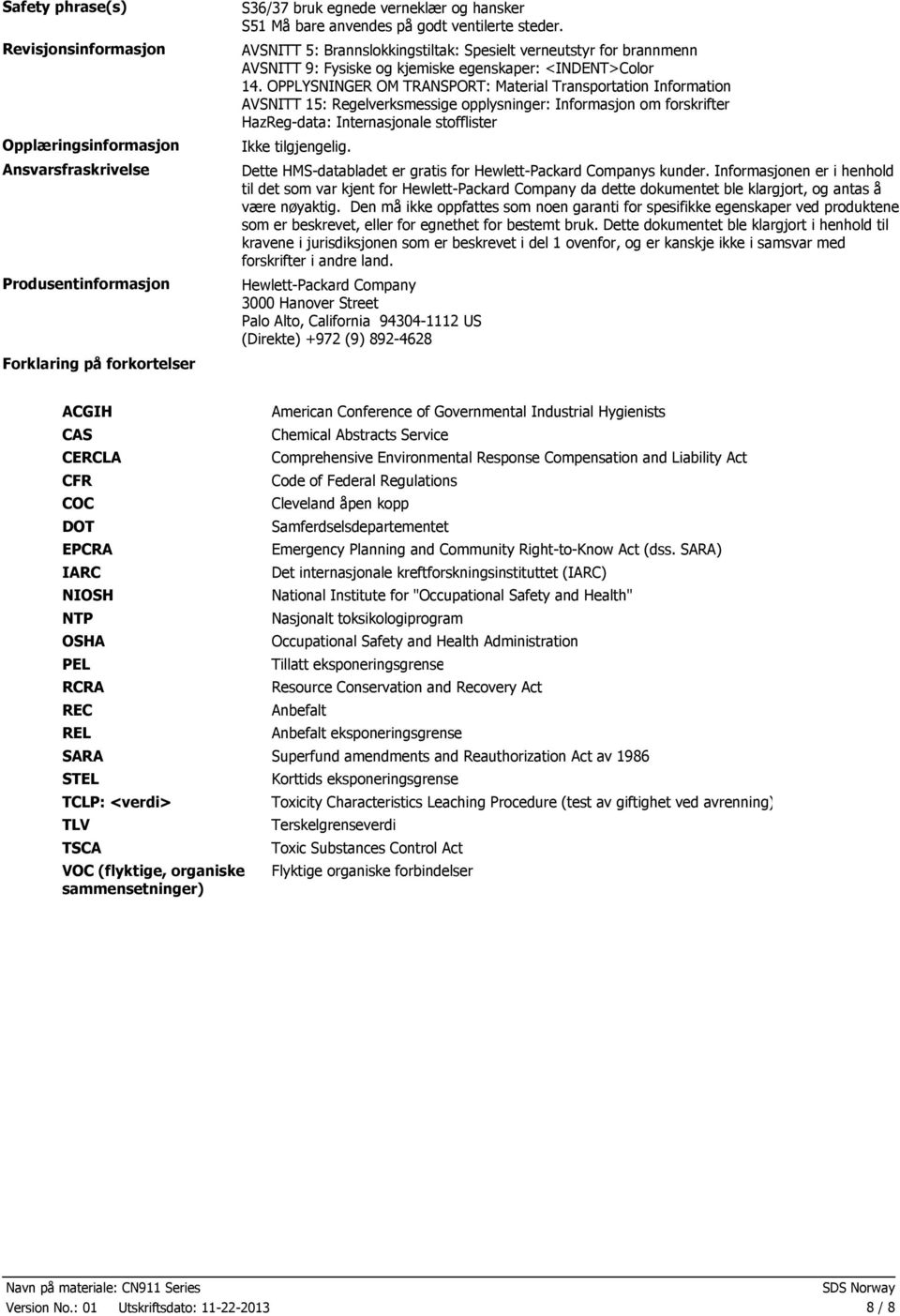 OPPLYSNINGER OM TRANSPORT: Material Transportation Information AVSNITT 15: Regelverksmessige opplysninger: Informasjon om forskrifter HazRegdata: Internasjonale stofflister Dette HMSdatabladet er