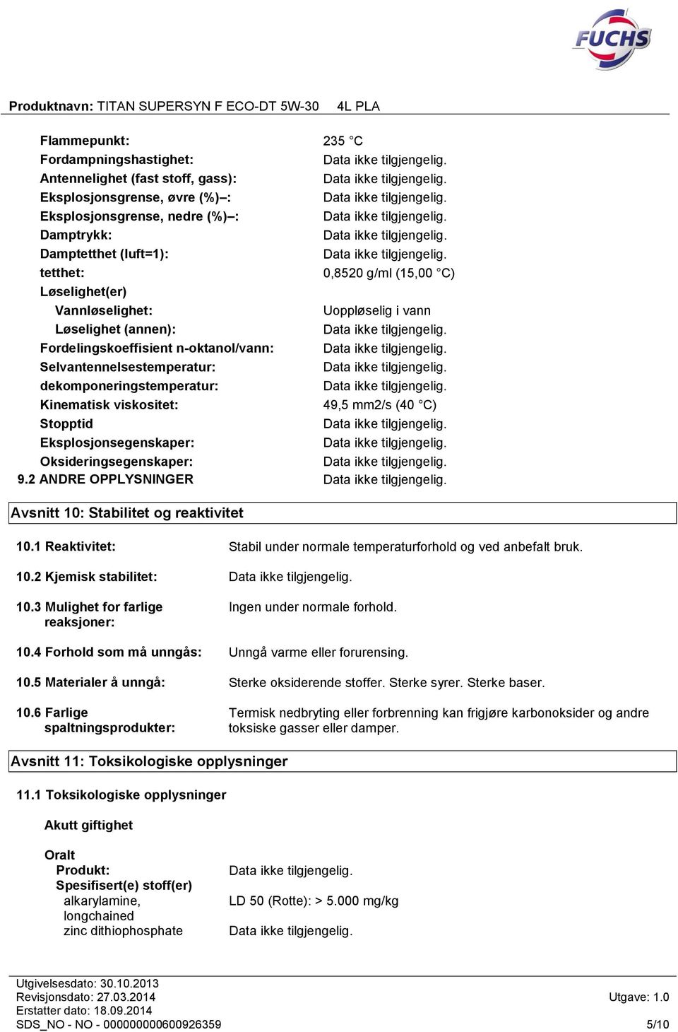 (40 C) Stopptid Eksplosjonsegenskaper: Oksideringsegenskaper: 9.2 ANDRE OPPLYSNINGER Avsnitt 10: Stabilitet og reaktivitet 10.