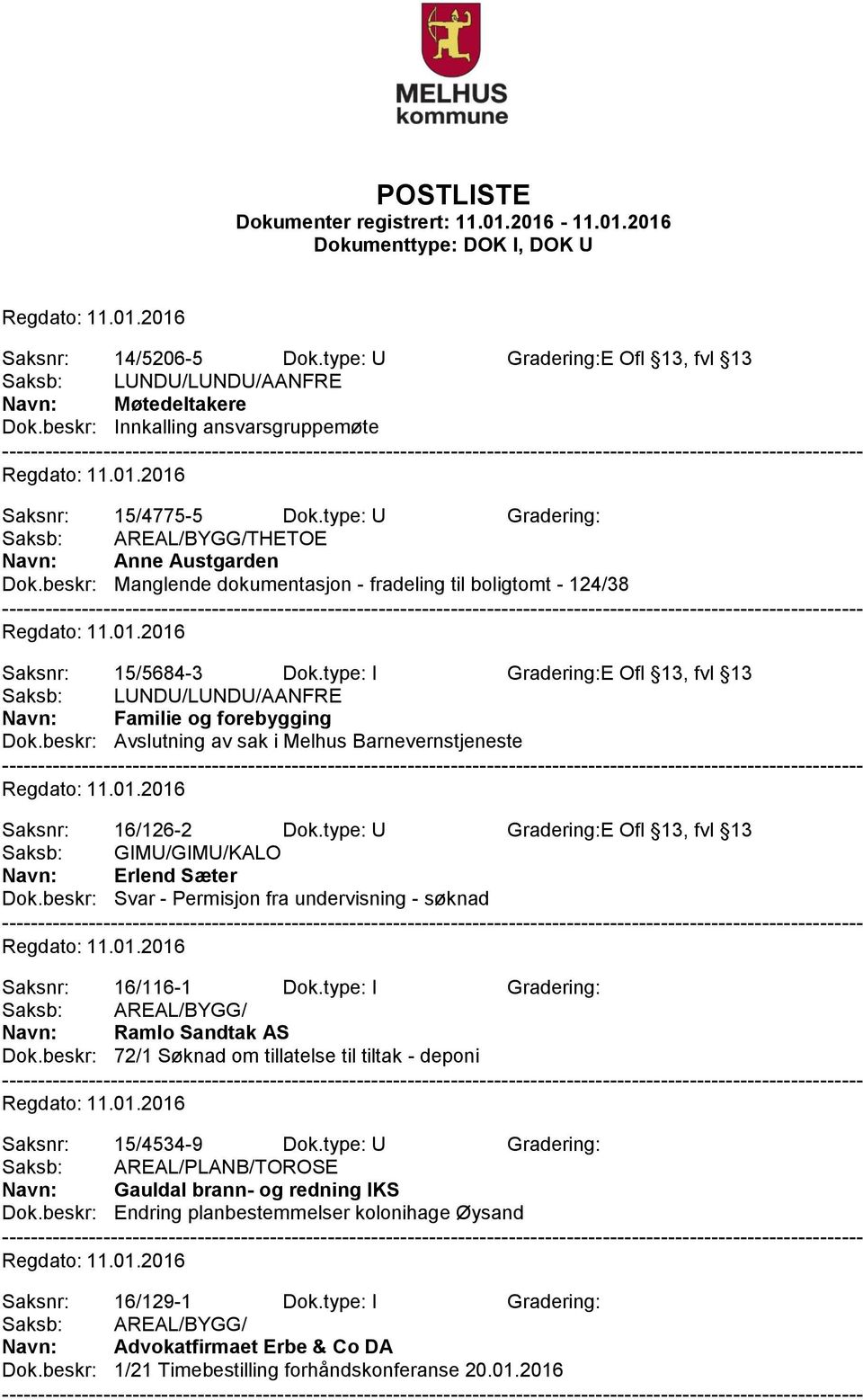 type: I Gradering:E Ofl 13, fvl 13 Navn: Familie og forebygging Dok.beskr: Avslutning av sak i Melhus Barnevernstjeneste Saksnr: 16/126-2 Dok.