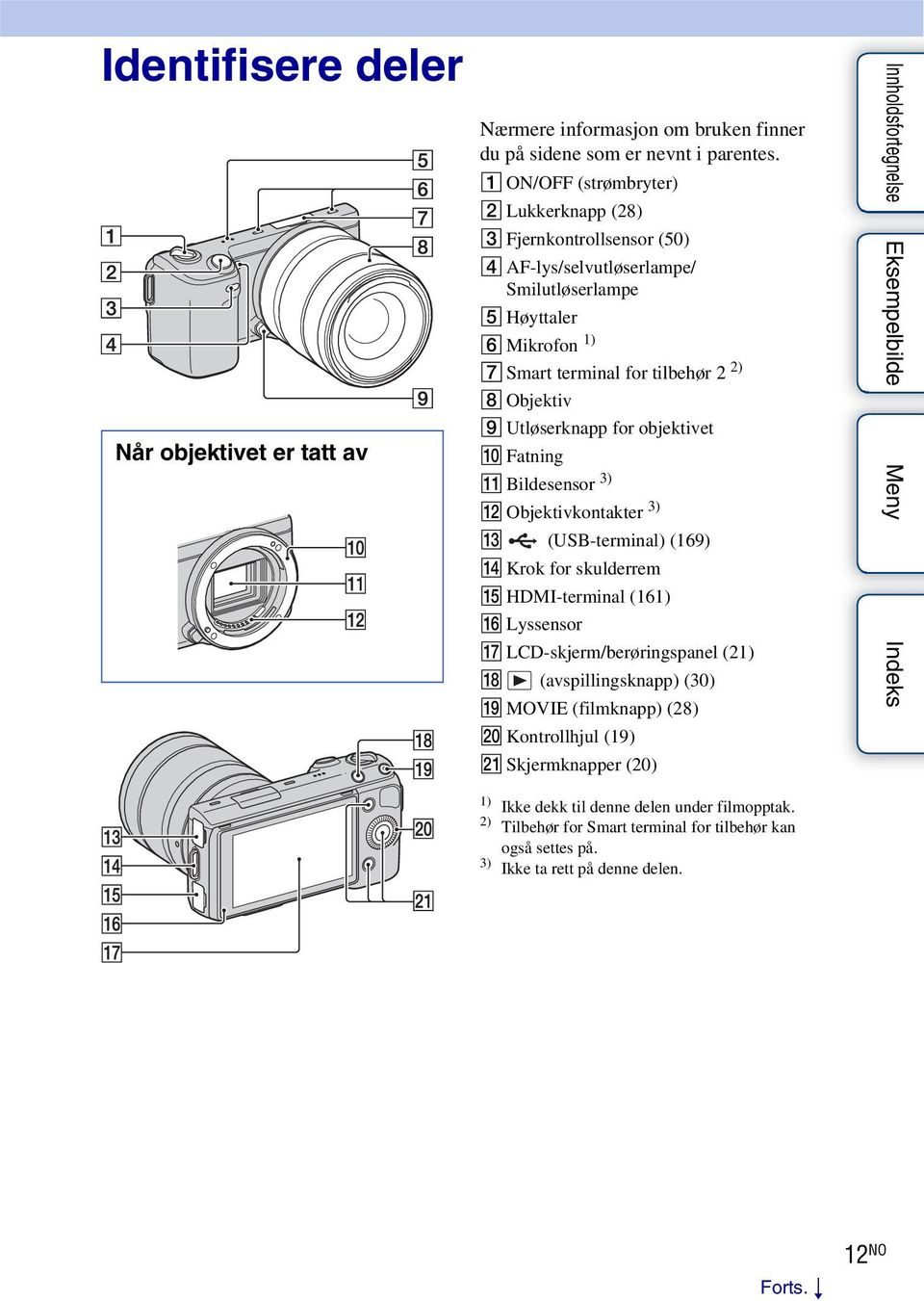 Utløserknapp for objektivet J Fatning K Bildesensor 3) L Objektivkontakter 3) M (USB-terminal) (169) N Krok for skulderrem O HDMI-terminal (161) P Lyssensor Q LCD-skjerm/berøringspanel