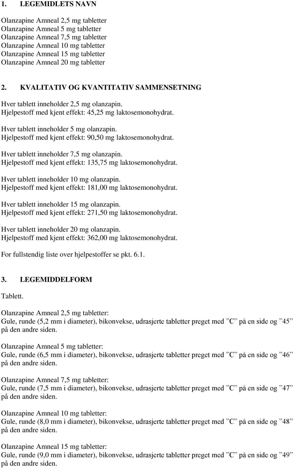 Hver tablett inneholder 5 mg olanzapin. Hjelpestoff med kjent effekt: 90,50 mg laktosemonohydrat. Hver tablett inneholder 7,5 mg olanzapin. Hjelpestoff med kjent effekt: 135,75 mg laktosemonohydrat.