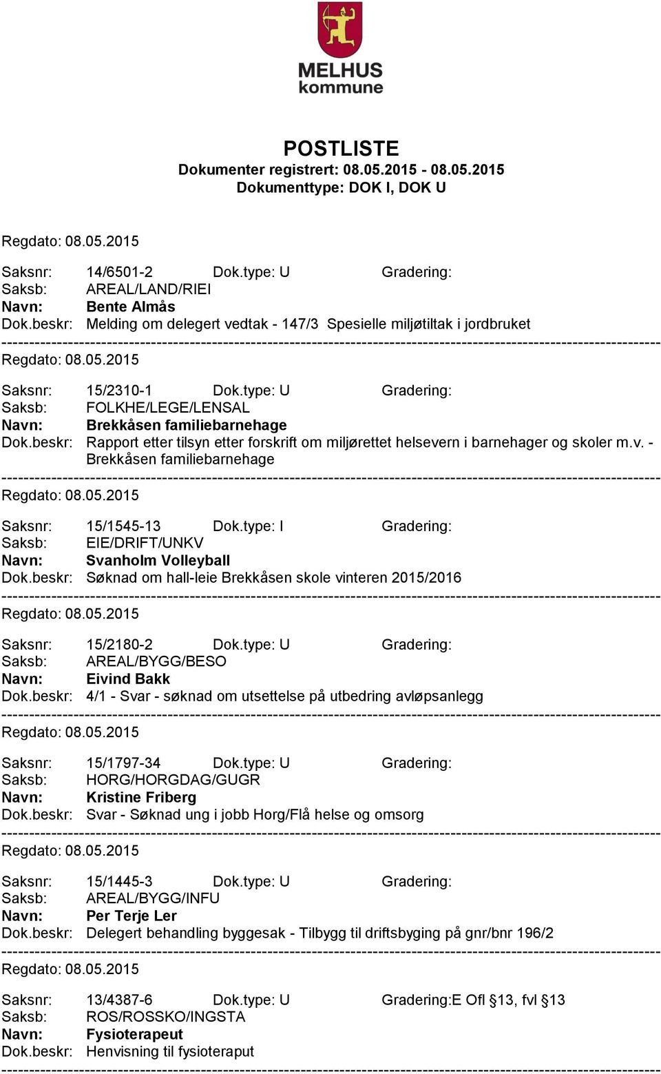 type: I Gradering: Saksb: EIE/DRIFT/UNKV Navn: Svanholm Volleyball Dok.beskr: Søknad om hall-leie Brekkåsen skole vinteren 2015/2016 Saksnr: 15/2180-2 Dok.