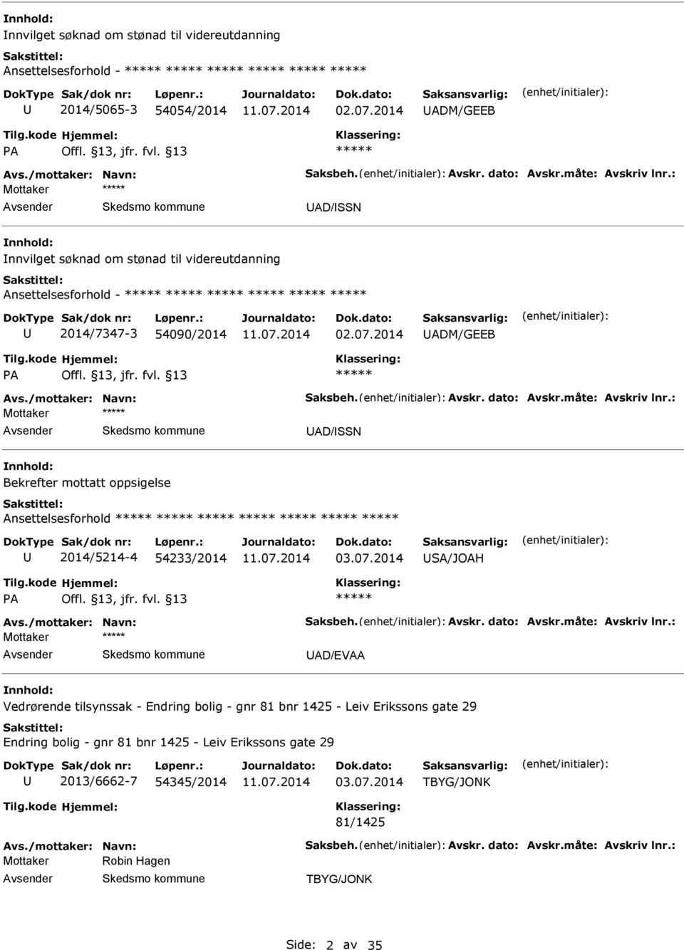 13 D/SSN Bekrefter mottatt oppsigelse nsettelsesforhold 2014/5214-4 54233/2014 03.07.2014 S/JOH P Offl. 13, jfr. fvl.