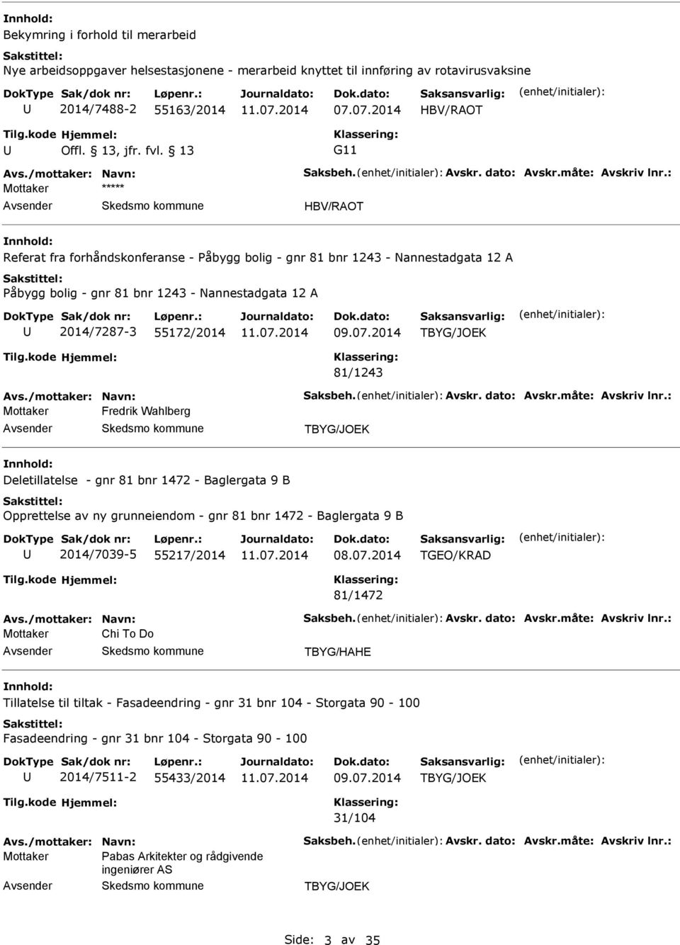 81/1243 Mottaker Fredrik Wahlberg TBYG/JOEK Deletillatelse - gnr 81 bnr 1472 - Baglergata 9 B Opprettelse av ny grunneiendom - gnr 81 bnr 1472 - Baglergata 9 B 2014/7039-5 55217/2014 08.07.