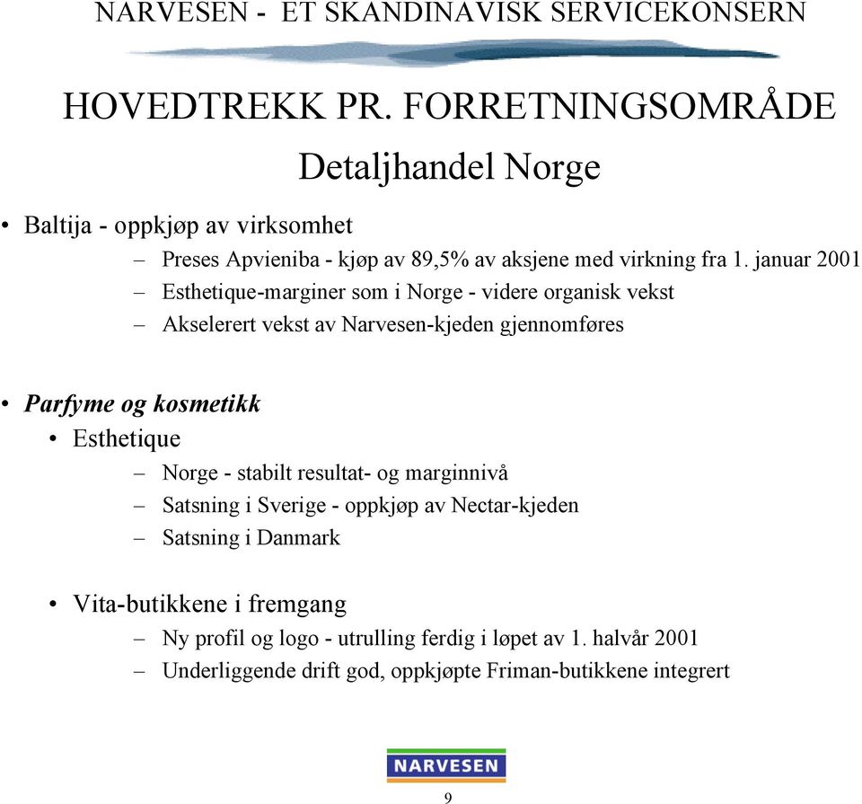 januar 2001 Esthetique-marginer som i Norge - videre organisk vekst Akselerert vekst av Narvesen-kjeden gjennomføres Parfyme og kosmetikk