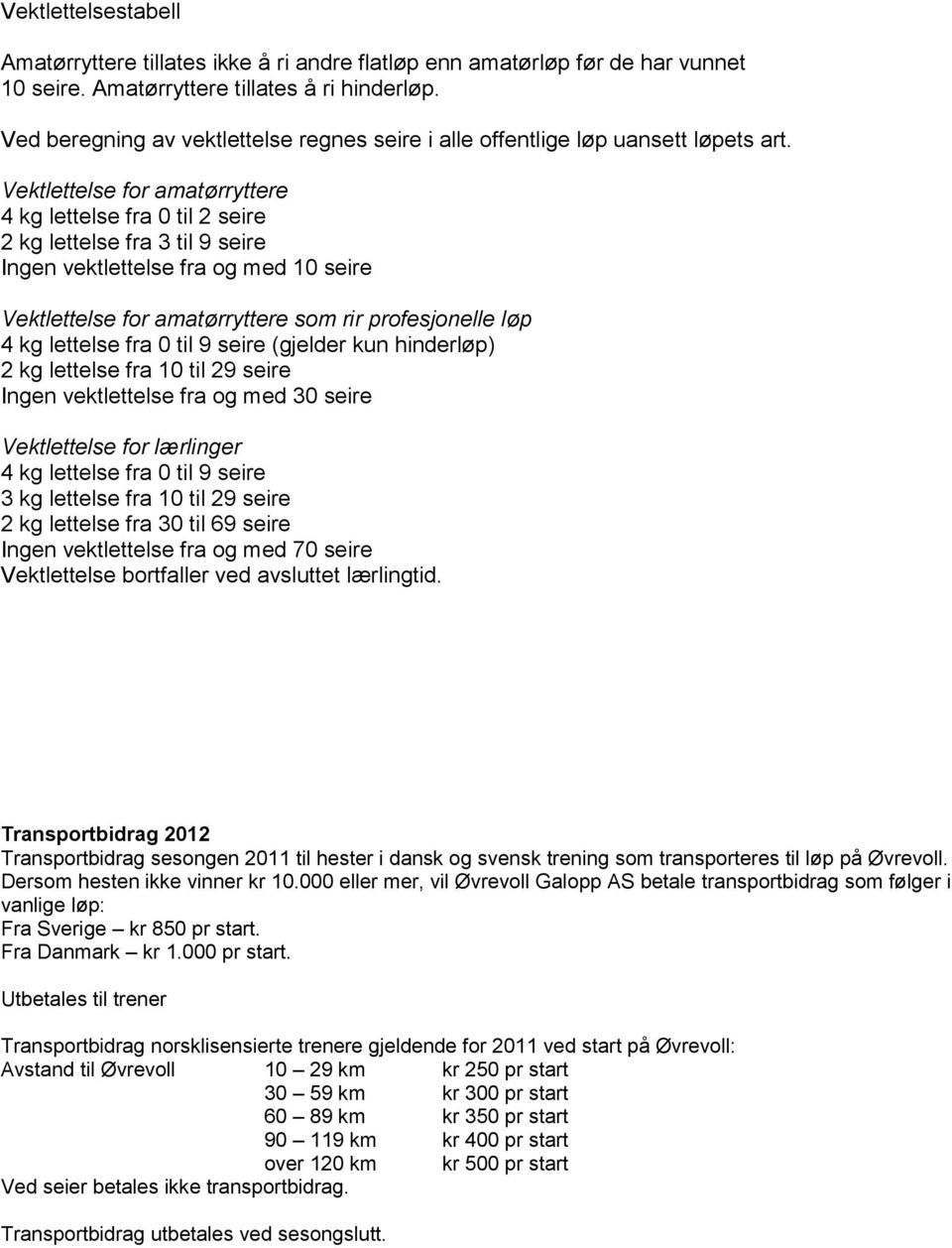 Vektlettelse for amatørryttere 4 kg lettelse fra 0 til 2 seire 2 kg lettelse fra 3 til 9 seire Ingen vektlettelse fra og med 10 seire Vektlettelse for amatørryttere som rir profesjonelle løp 4 kg