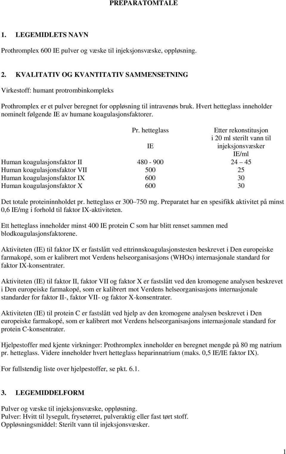 Hvert hetteglass inneholder nominelt følgende IE av humane koagulasjonsfaktorer. Pr.