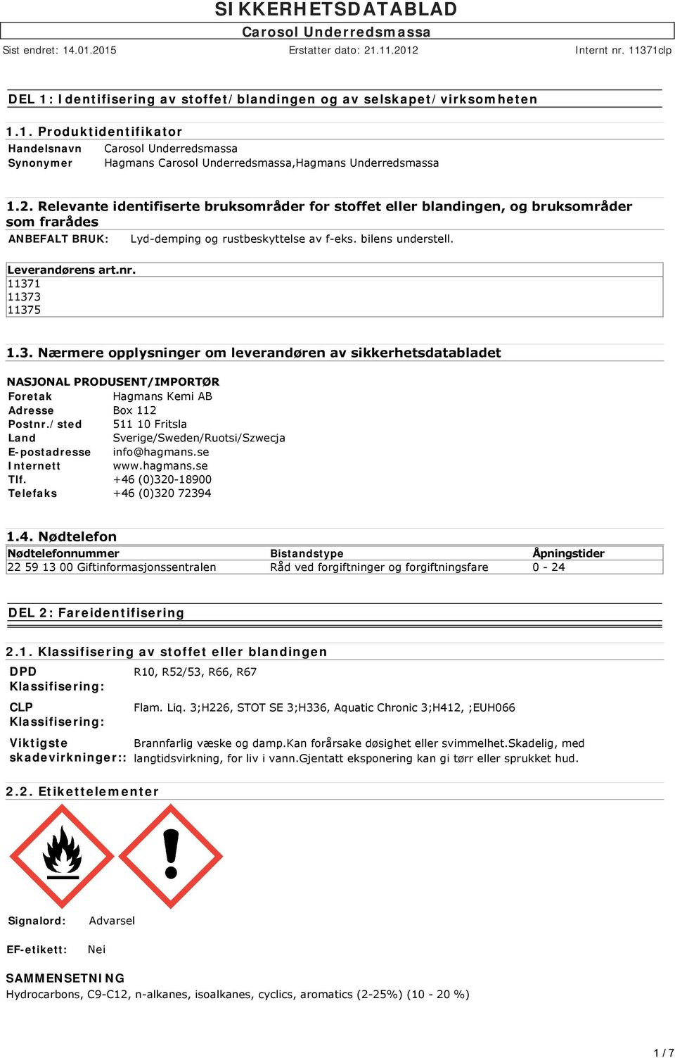 1171 117 1175 1.. Nærmere opplysninger om leverandøren av sikkerhetsdatabladet NASJONAL PRODUSENT/IMPORTØR Foretak Hagmans Kemi AB Adresse Box 112 Postnr.