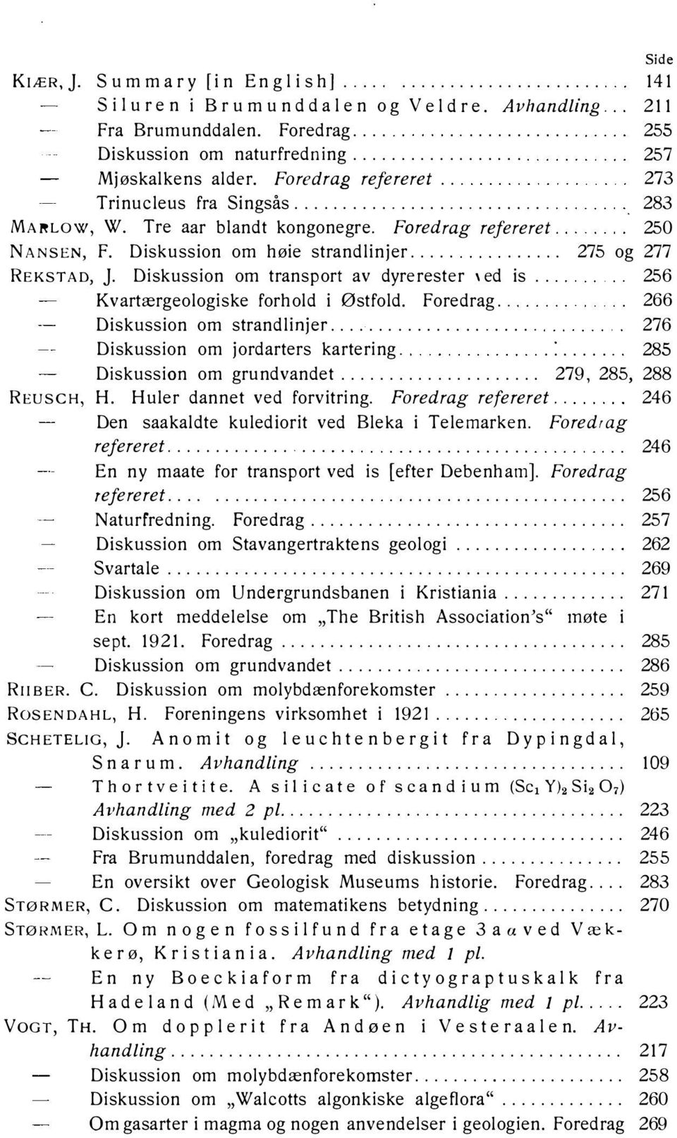 Diskussion om høie strandlinjer....... 275 og 277 REKST AD, j. Diskussion om transport av dyre rester 'ed is.. 256 Kvartærgeologiske forhold i Østfold. Foredrag. 266 Diskussion om strandlinjer.