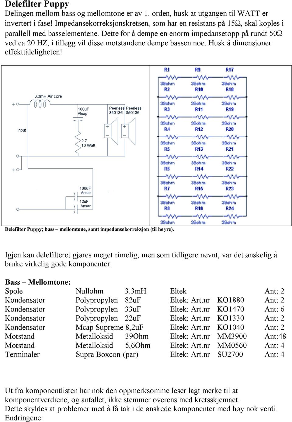 Dette for å dempe en enorm impedansetopp på rundt 50Ω ved ca 20 HZ, i tillegg vil disse motstandene dempe bassen noe. Husk å dimensjoner effekttåleligheten!