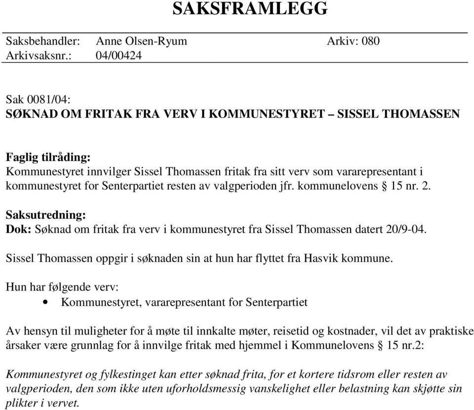 for Senterpartiet resten av valgperioden jfr. kommunelovens 15 nr. 2. Saksutredning: Dok: Søknad om fritak fra verv i kommunestyret fra Sissel Thomassen datert 20/9-04.