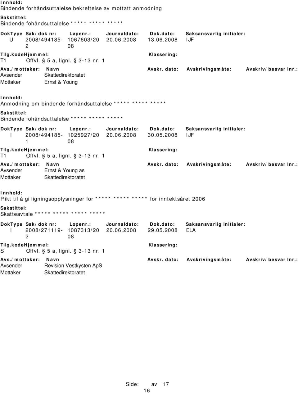 1 Mottaker Ernst & Young Anmodning om bindende forhåndsuttalelse ***** ***** ***** Bindende fohåndsuttalelse ***** ***** ***** I 2008/494185-1025927/20 20.06.