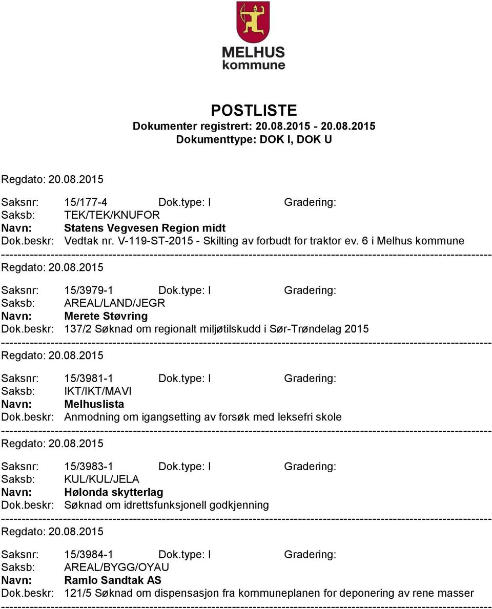 type: I Gradering: Saksb: IKT/IKT/MAVI Navn: Melhuslista Dok.beskr: Anmodning om igangsetting av forsøk med leksefri skole Saksnr: 15/3983-1 Dok.