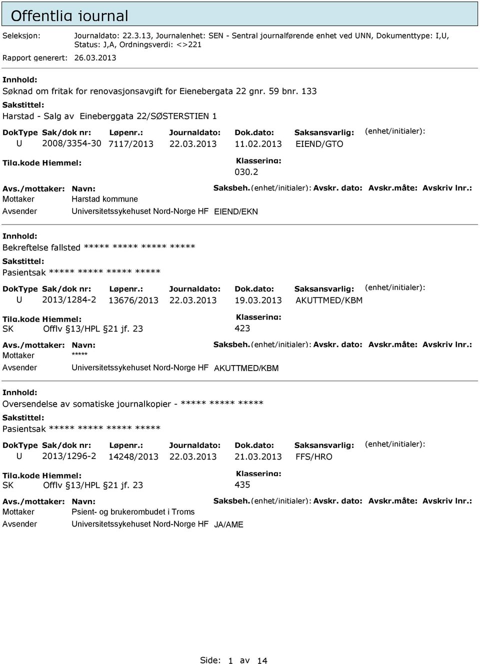 2 Mottaker Harstad kommune niversitetssykehuset Nord-Norge HF EEND/EKN Bekreftelse fallsted ***** ***** ***** ***** 2013/1284-2 13676/2013 19.03.