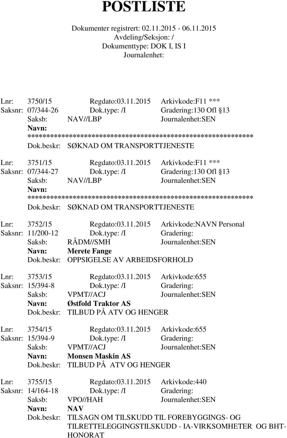 type: /I Gradering: Saksb: RÅDM//SMH SEN Merete Fange Dok.beskr: OPPSIGELSE AV ARBEIDSFORHOLD Lnr: 3753/15 Regdato:03.11.2015 Arkivkode:655 Saksnr: 15/394-8 Dok.