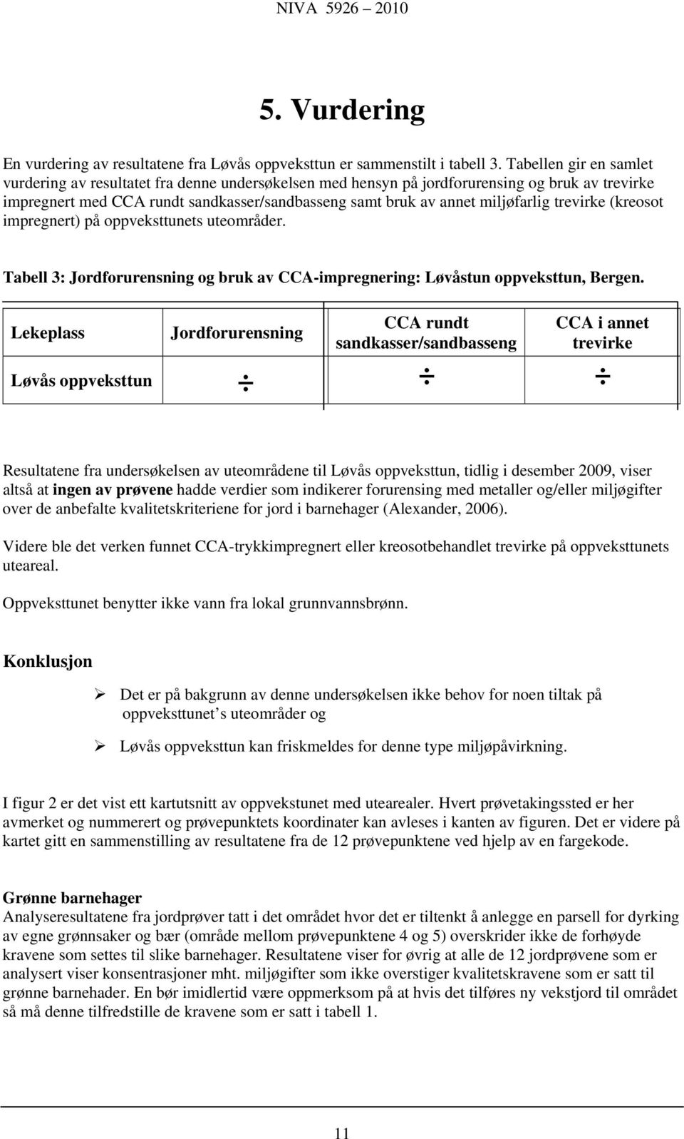 trevirke (kreosot impregnert) på oppveksttunets uteområder. Tabell 3: Jordforurensning og bruk av CCA-impregnering: Løvåstun oppveksttun, Bergen.