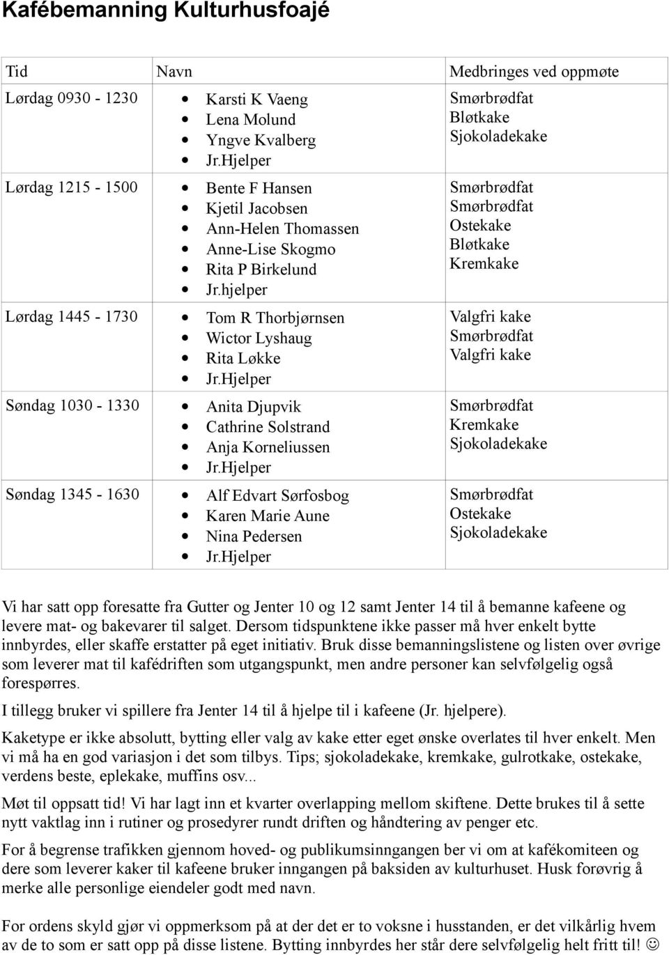 hjelper Lørdag 1445-1730 Tom R Thorbjørnsen Wictor Lyshaug Rita Løkke Søndag 1030-1330 Anita Djupvik Cathrine Solstrand Anja Korneliussen Søndag 1345-1630 Alf Edvart Sørfosbog Karen Marie Aune Nina