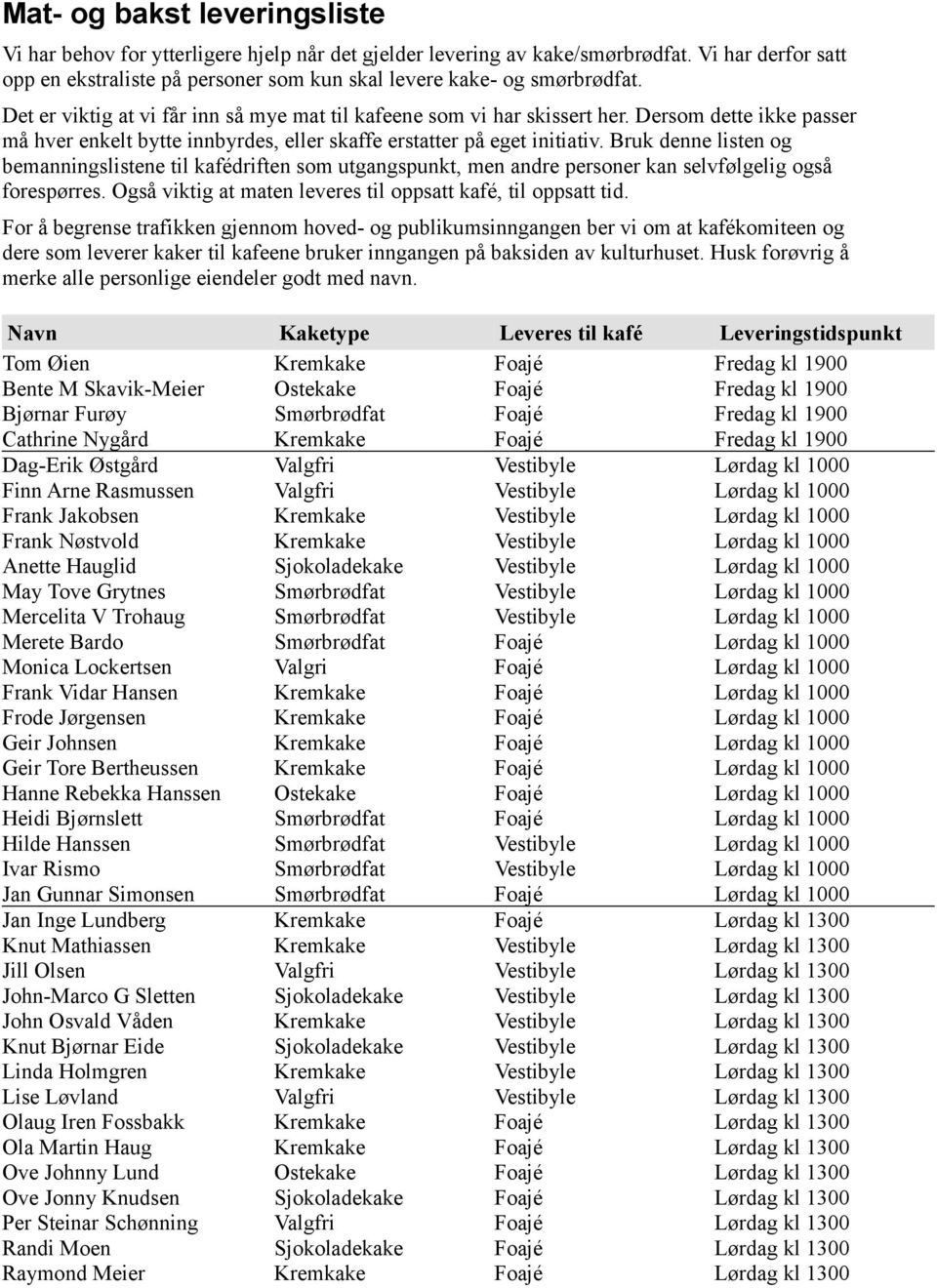 Dersom dette ikke passer må hver enkelt bytte innbyrdes, eller skaffe erstatter på eget initiativ.