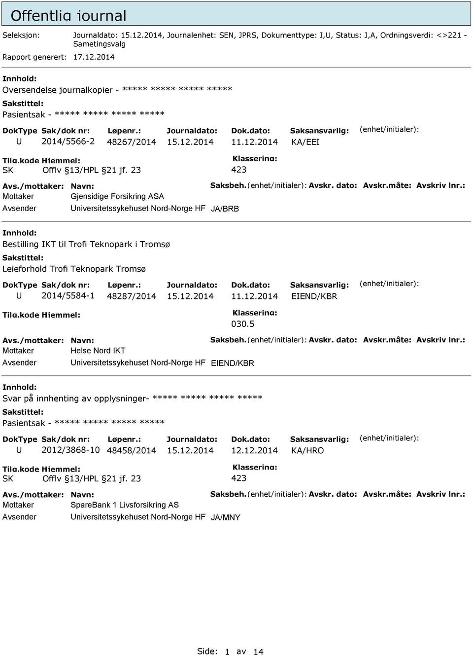 : Mottaker Gjensidige Forsikring ASA niversitetssykehuset Nord-Norge HF JA/BRB Bestilling KT til Trofi Teknopark i Tromsø Leieforhold Trofi Teknopark Tromsø 2014/5584-1 48287/2014 EEND/KBR 030.5 Avs.