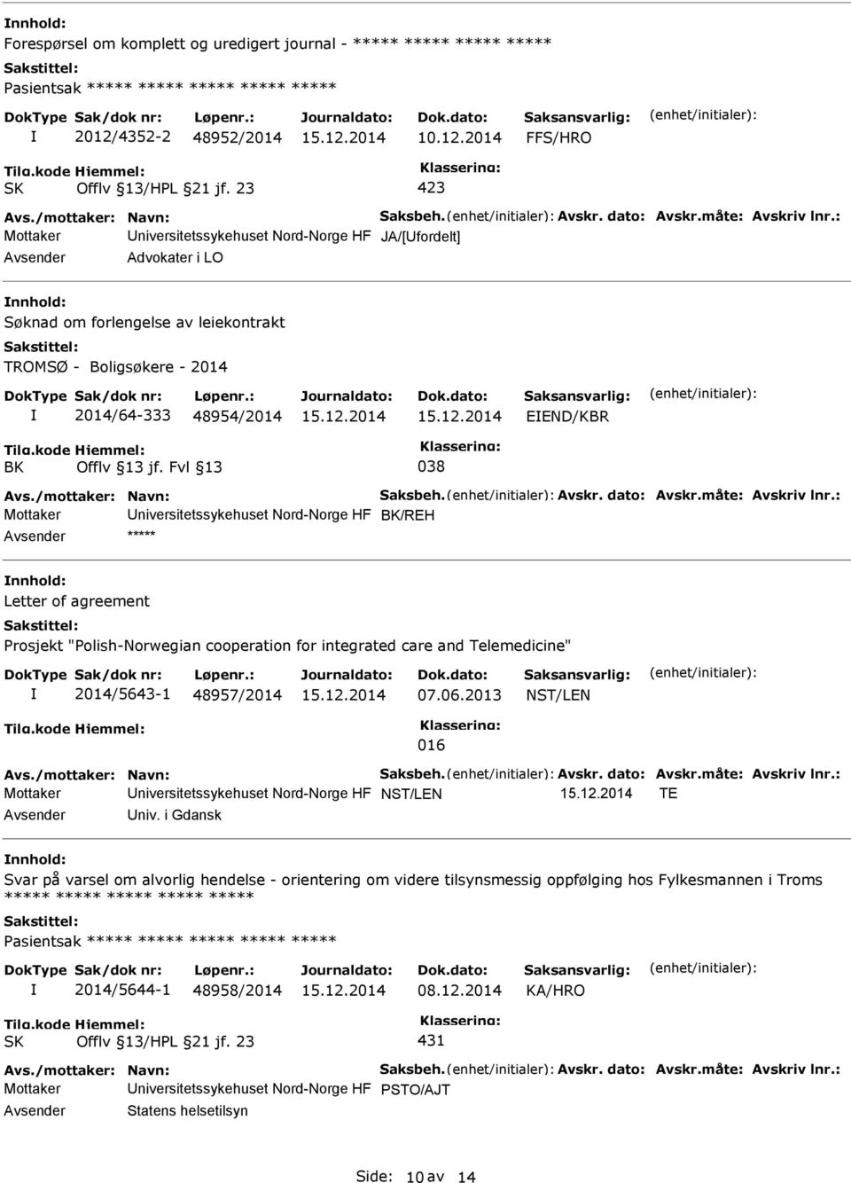 : Mottaker niversitetssykehuset Nord-Norge HF JA/[fordelt] Advokater i LO Søknad om forlengelse av leiekontrakt TROMSØ - Boligsøkere - 2014 2014/64-333 48954/2014 EEND/KBR BK Offlv 13 jf.