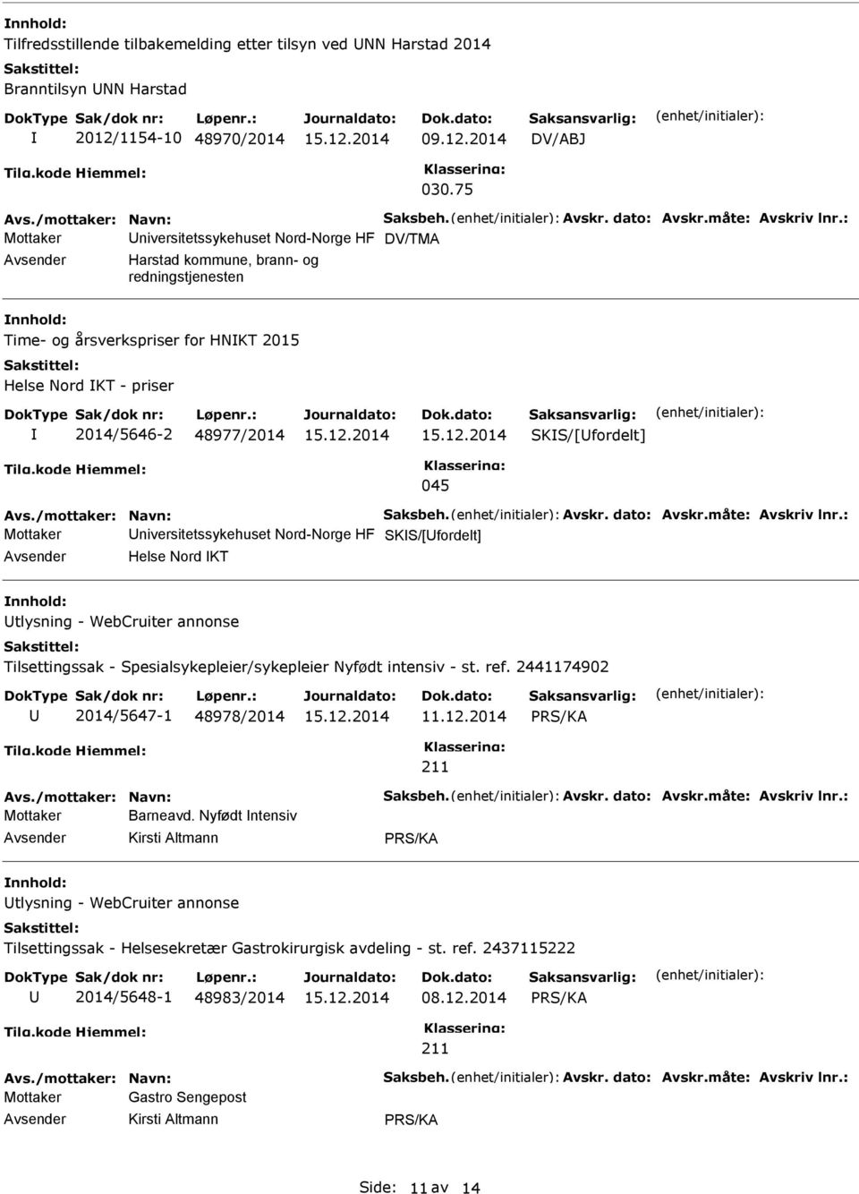 : Mottaker niversitetssykehuset Nord-Norge HF DV/TMA Harstad kommune, brann- og redningstjenesten Time- og årsverkspriser for HNKT 2015 Helse Nord KT - priser 2014/5646-2 48977/2014 S/[fordelt] 045