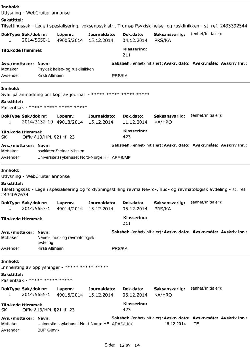 : Mottaker Psykisk helse- og rusklinikken Kirsti Altmann Svar på anmodning om kopi av journal - ***** ***** ***** ***** ***** 2014/3132-10 49013/2014 Avs.