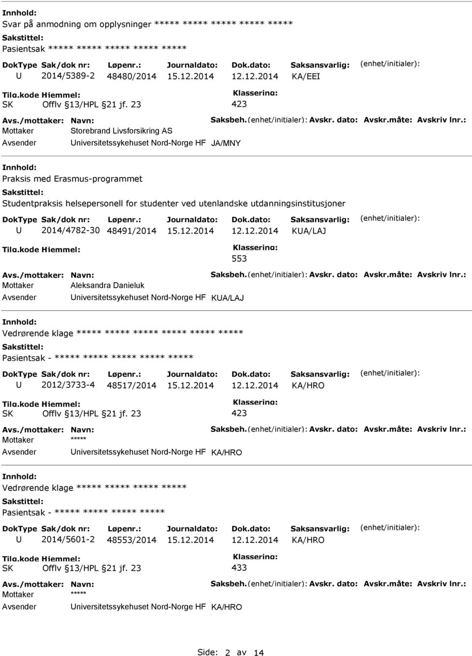 : Mottaker Storebrand Livsforsikring AS niversitetssykehuset Nord-Norge HF JA/MNY Praksis med Erasmus-programmet Studentpraksis helsepersonell for studenter ved utenlandske utdanningsinstitusjoner