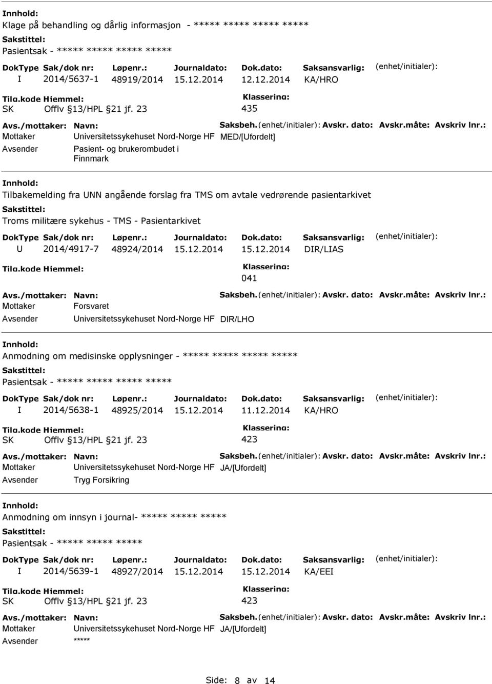 sykehus - TMS - Pasientarkivet 2014/4917-7 48924/2014 DR/LAS 041 Avs./mottaker: Navn: Saksbeh. Avskr. dato: Avskr.måte: Avskriv lnr.