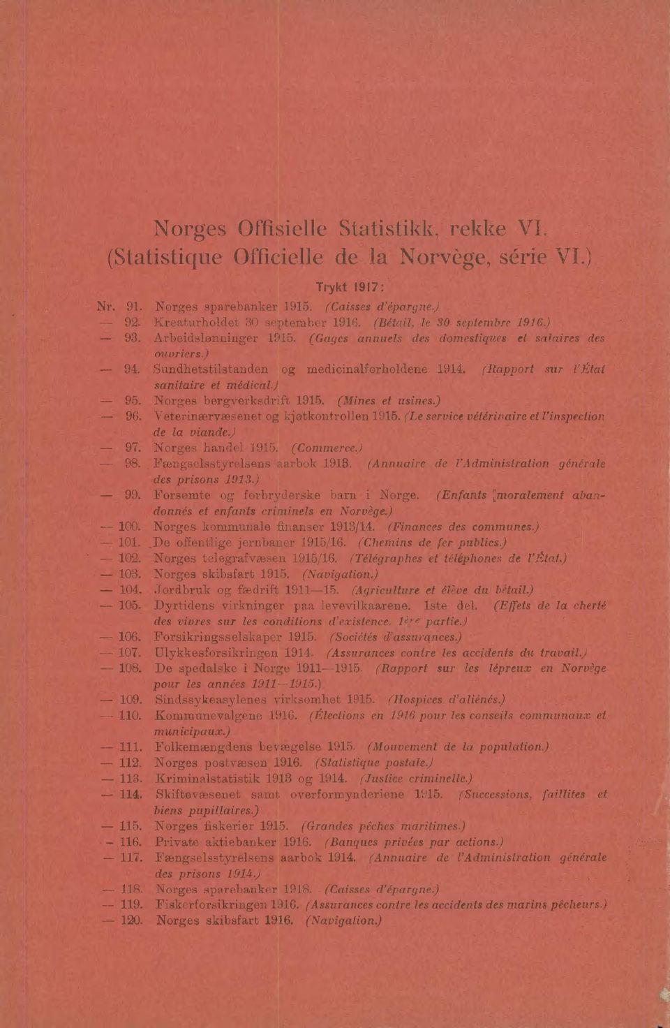 (Rapport sur l'état sanitaire et medical) 95. Norges bergverksdrift 95. (Mines et usines.) 96. Veterinærvæsenet og kjøtkontrollen 95. (Le service vétérinaire et l'inspection de la viande.) 97.