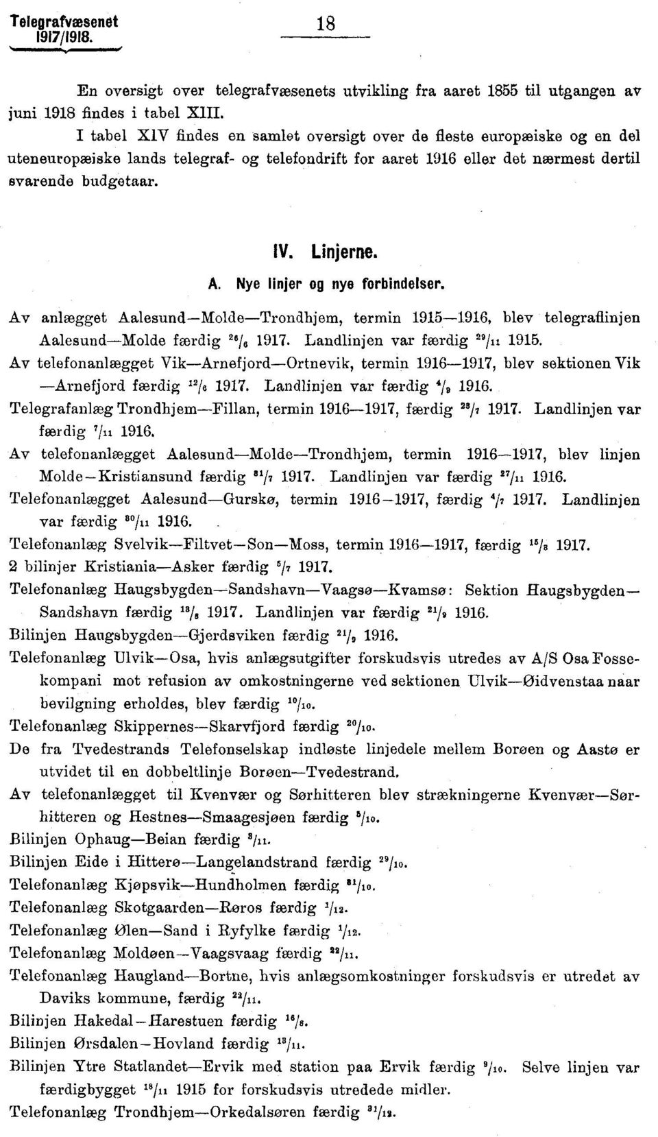 Nye linjer og nye forbindelser. Av anlægget Aalesund Molde Trondhjem, termin 9596, blev telegraflinjen Aalesund Molde færdig 6/6 97. Landlinjen var færdig "/ii 95.